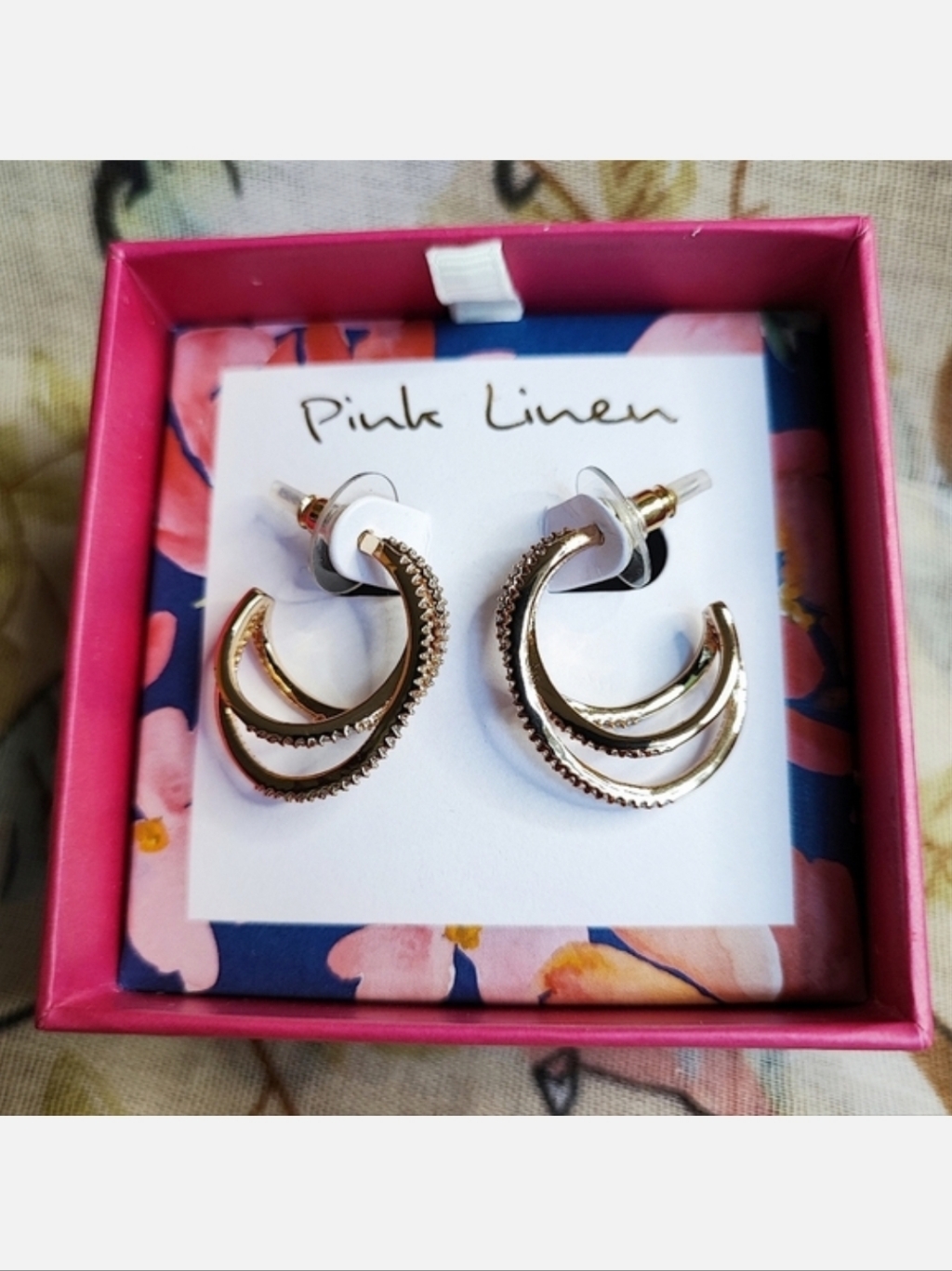 Pink Linen Brand Cubic Zirconia Curled Triple Gold Tone Plated Hoop Earrings Nib